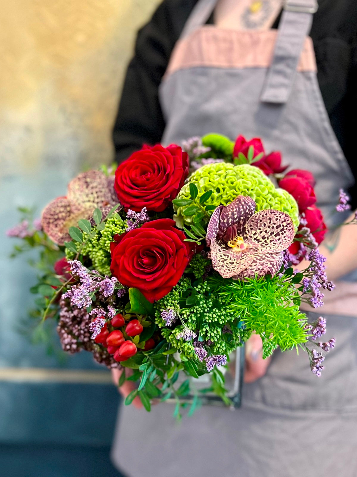 Orchids and Red Roses Flower Arrangement detail