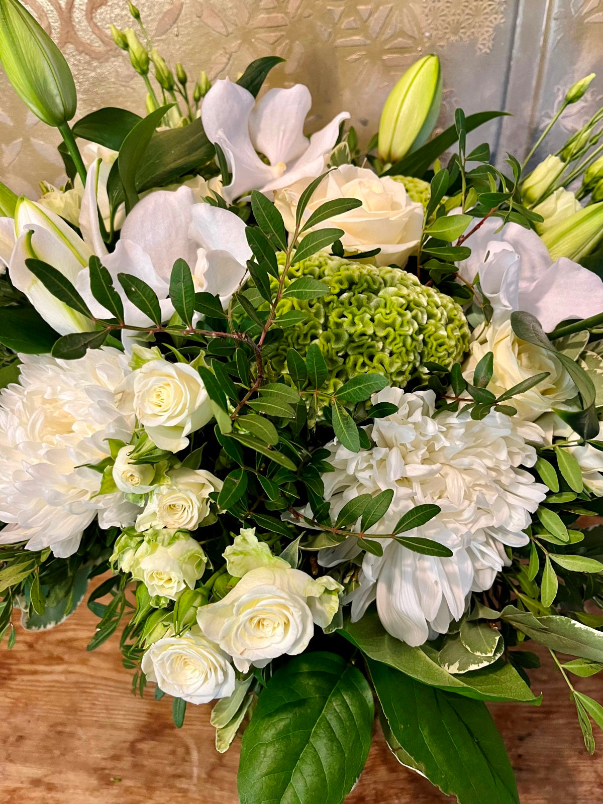 White Lily and Rose Hand Tied Flower Bouquet in Vase zoomed in image