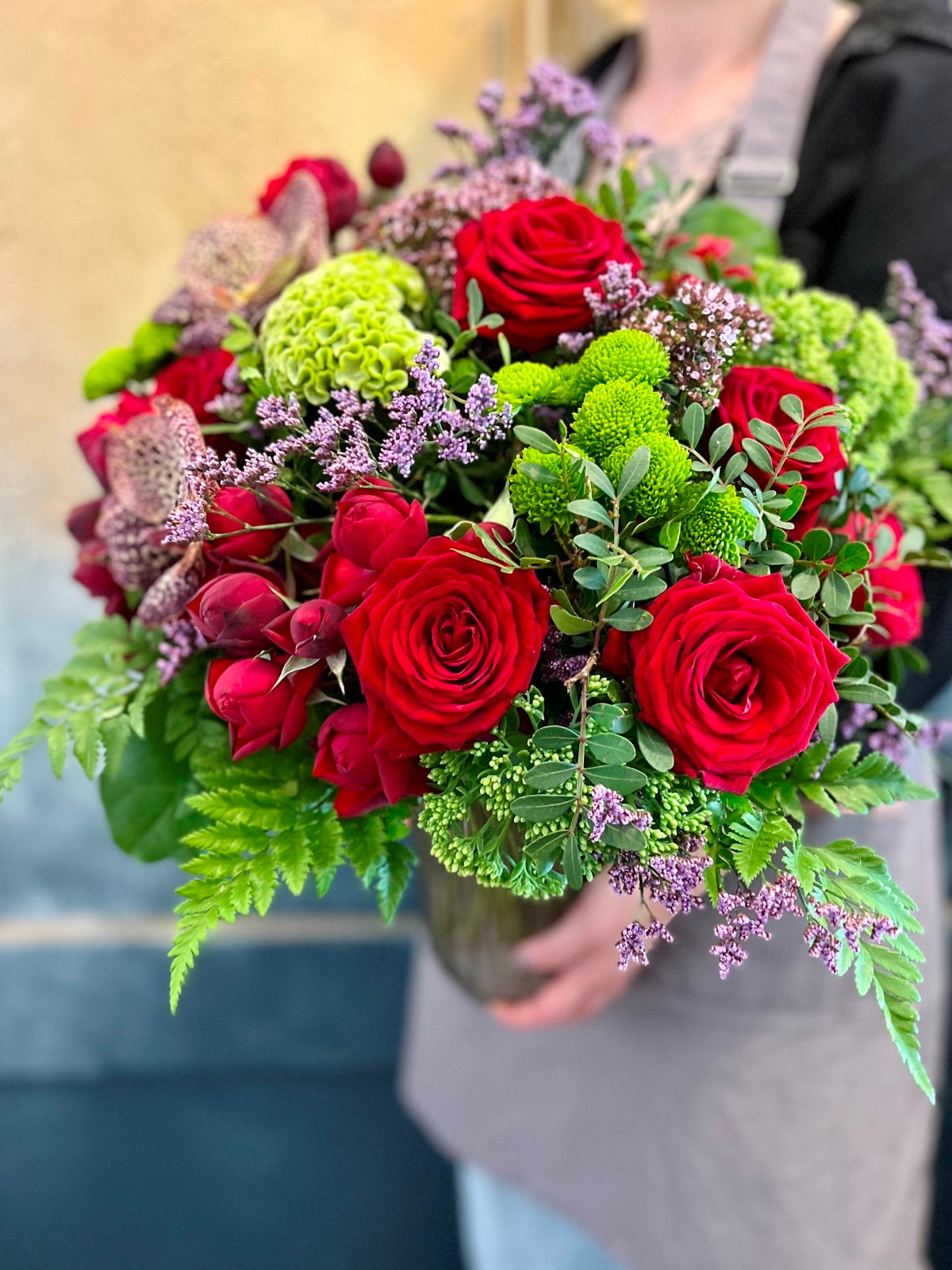 Orchids and Red Roses Flower Bouquet in Vase detail
