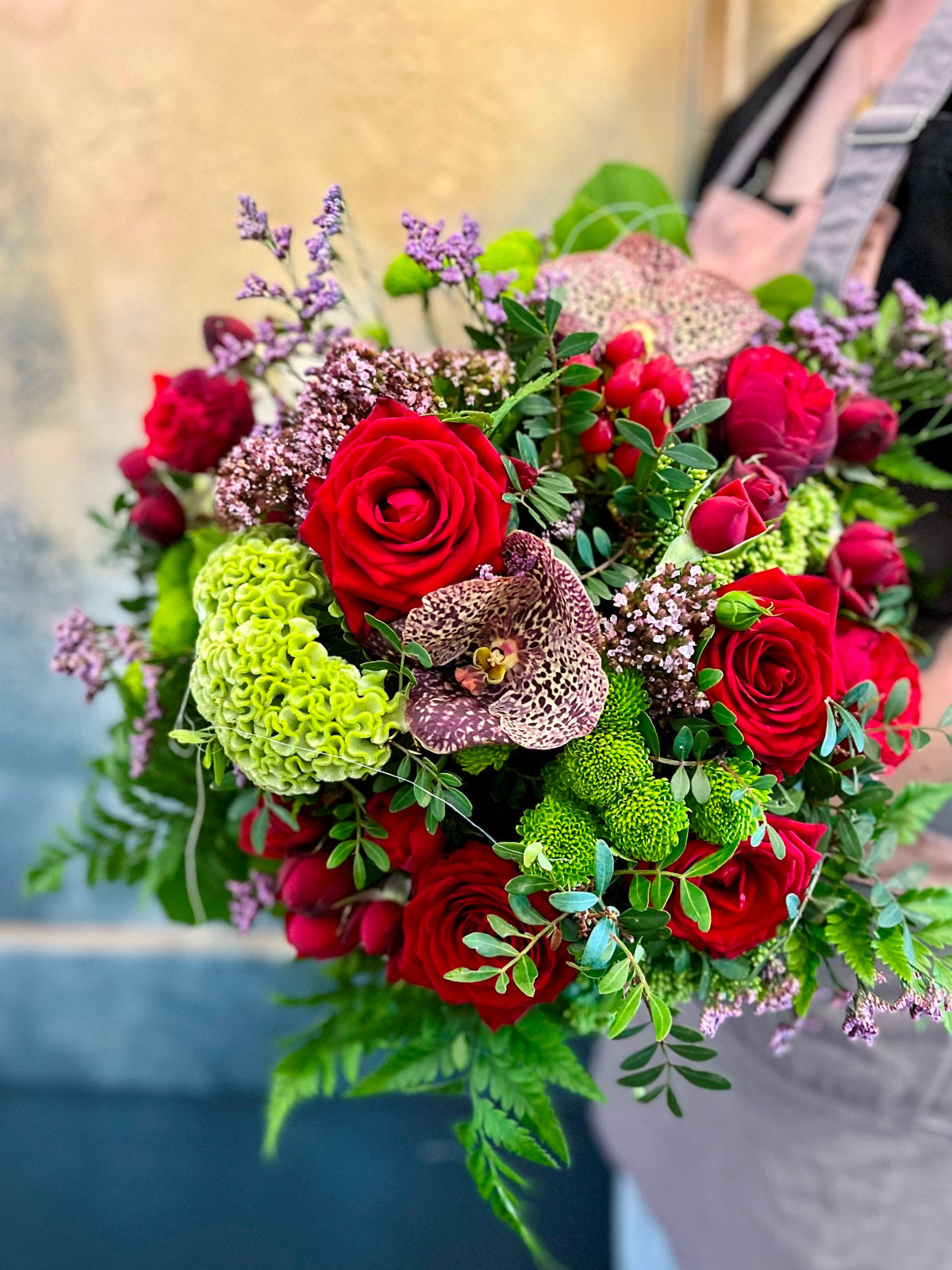 Orchids and Red Roses Flower Bouquet detail