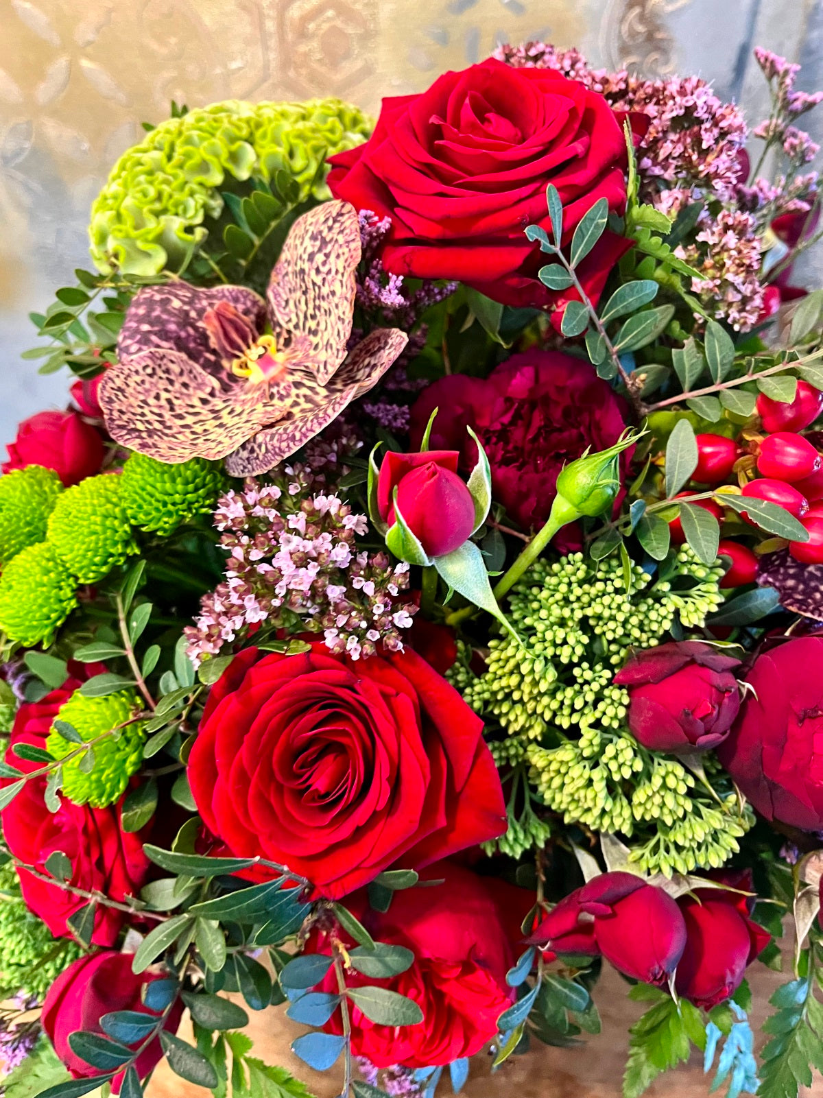 Orchids and Red Roses Flower Bouquet zoomed in image