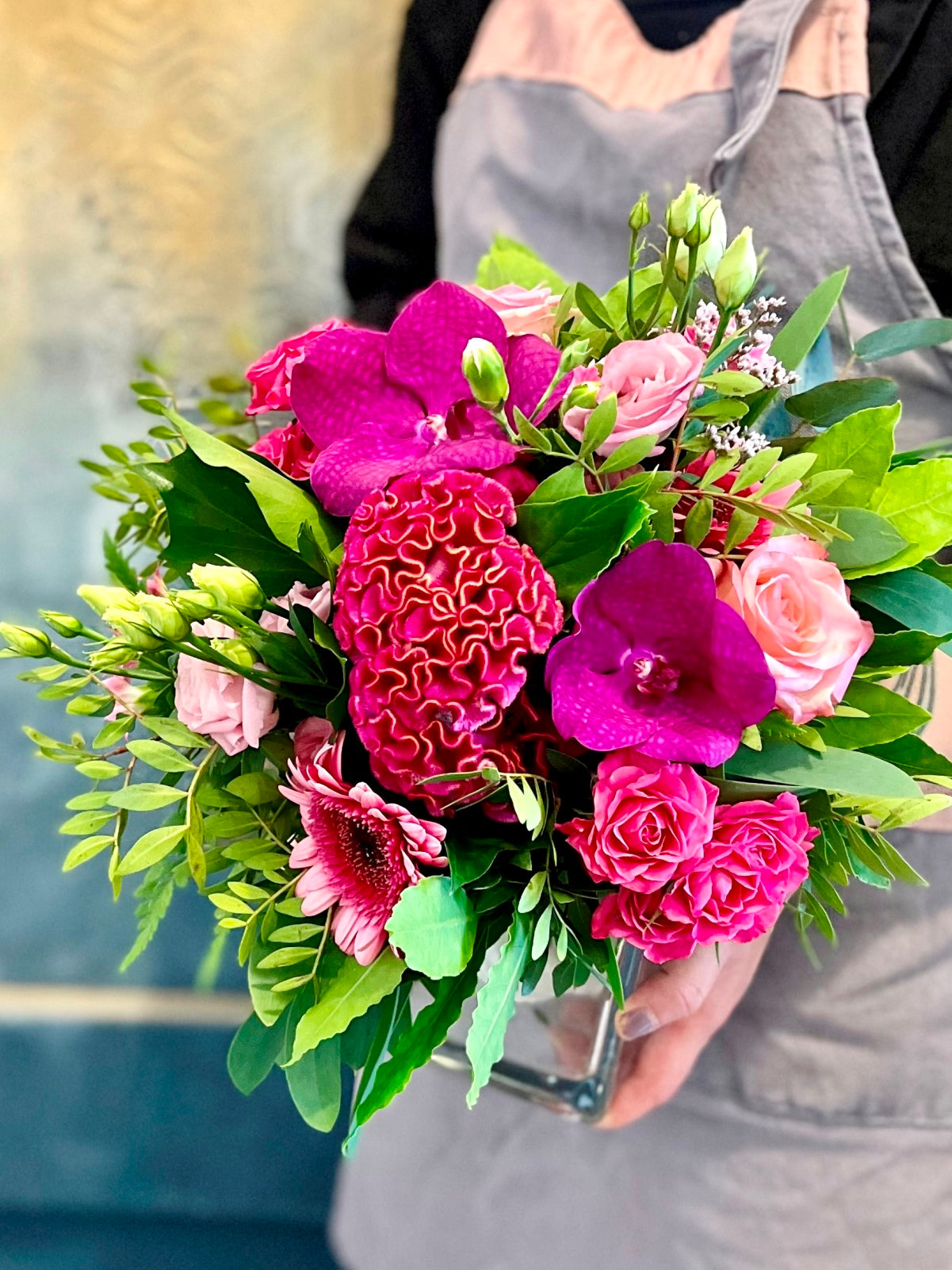 Pink Roses and Vanda Orchid Arrangement detail