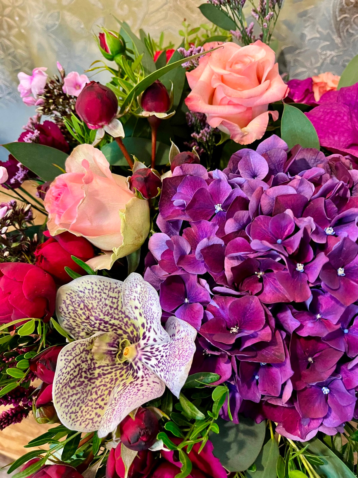 Pink, Purple & Red Flower Bouquet zoomed in image