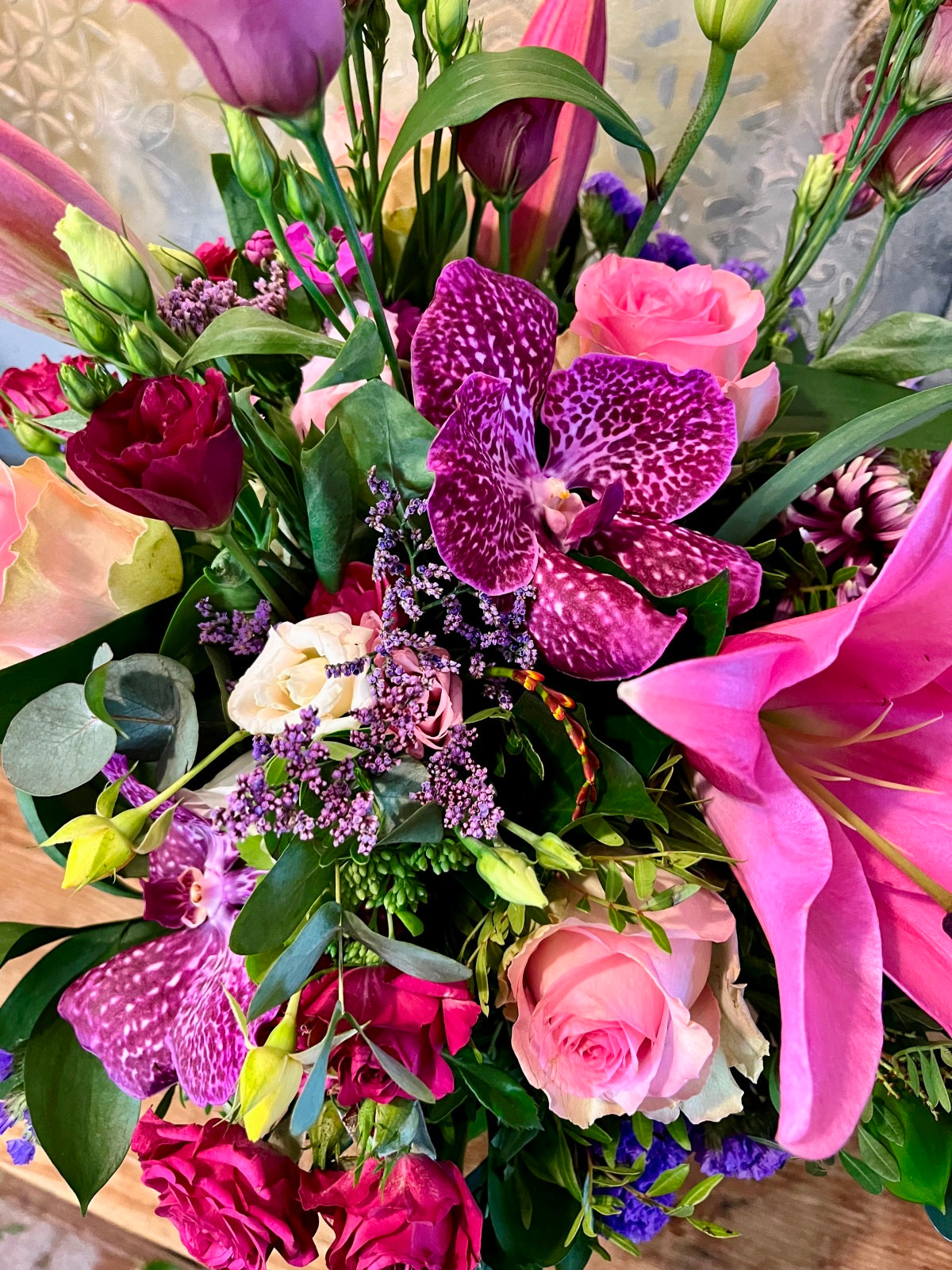 Pink Lily & Orchid Flower Bouquet zoomed in image