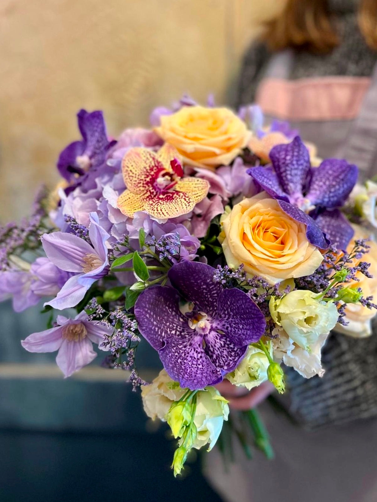 Bouquet of Blue and Peach Blooms detail