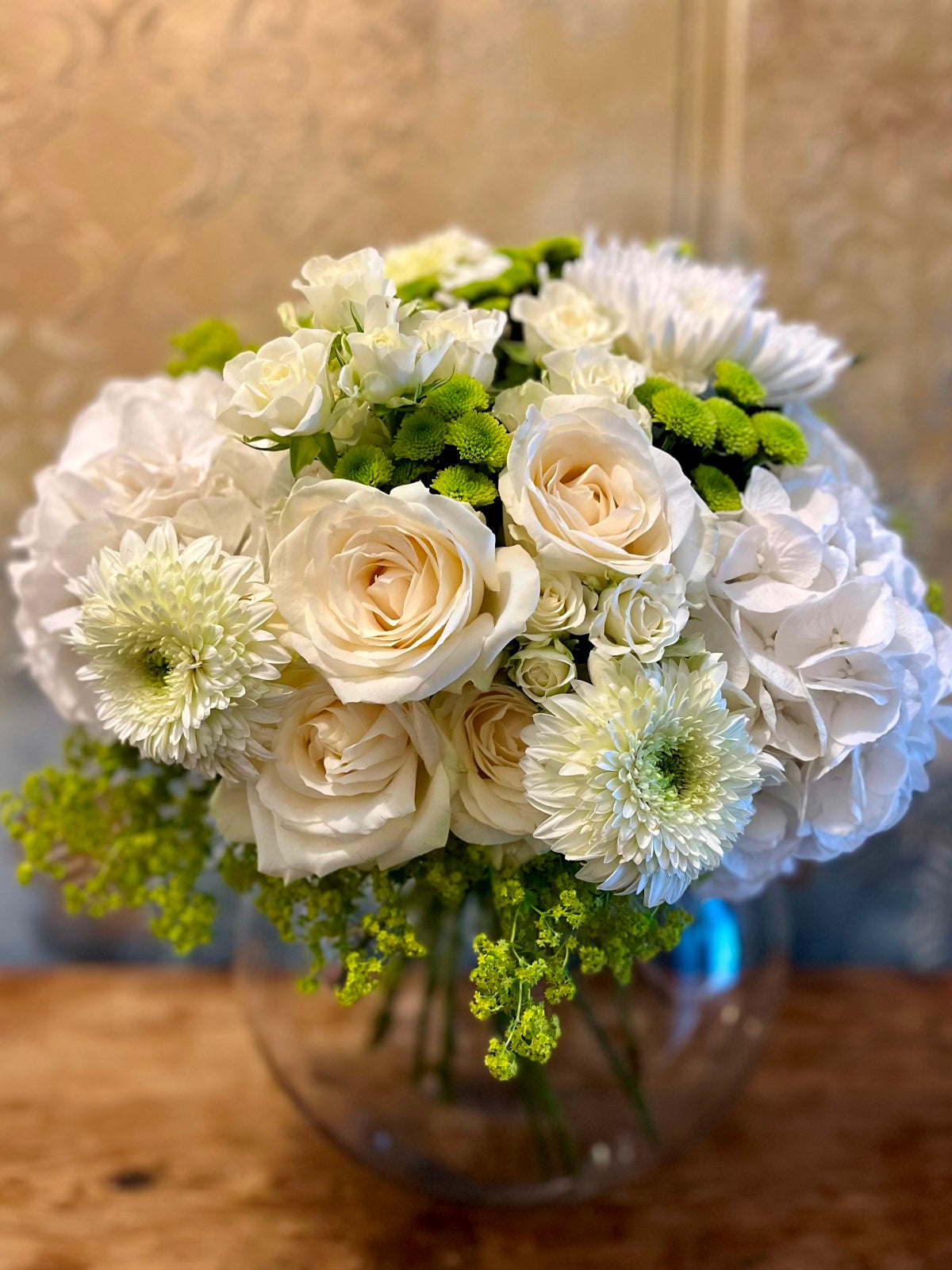 Bouquet of Creams Greens and Whites in Vase