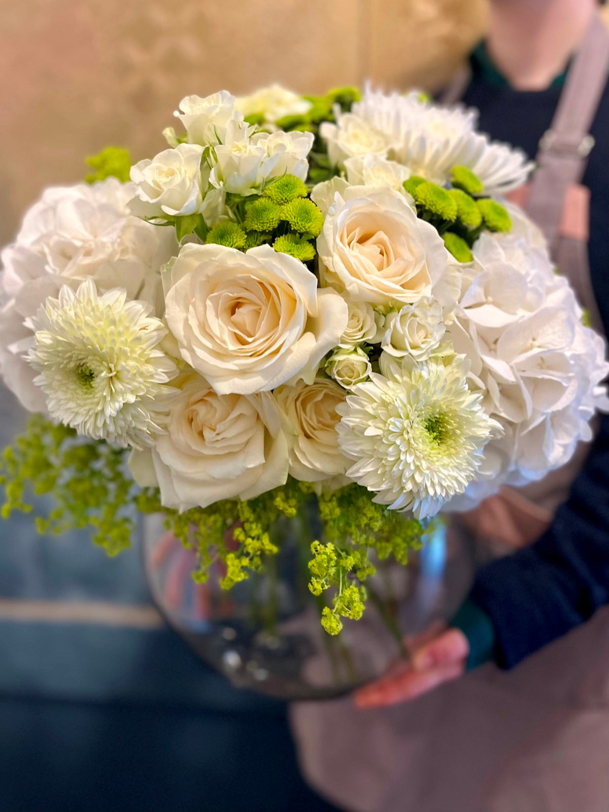 Bouquet of Creams Greens and Whites in Vase detail