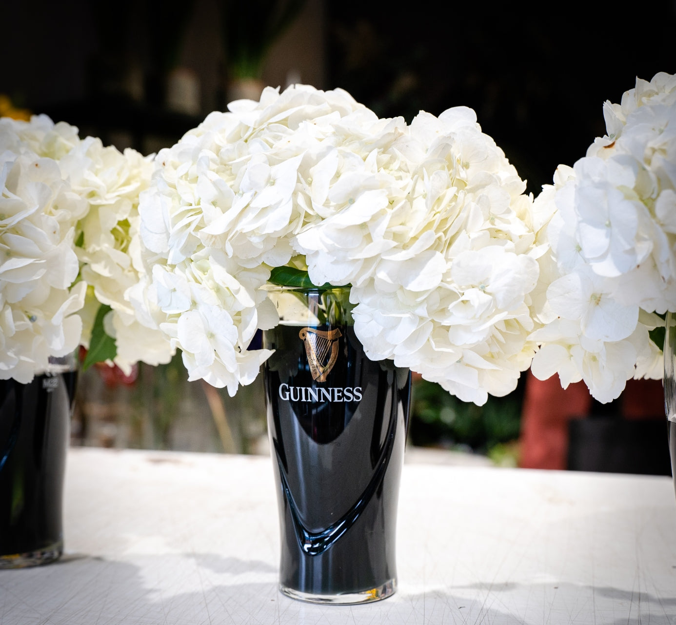 Bright white flowers in a Guinness glass