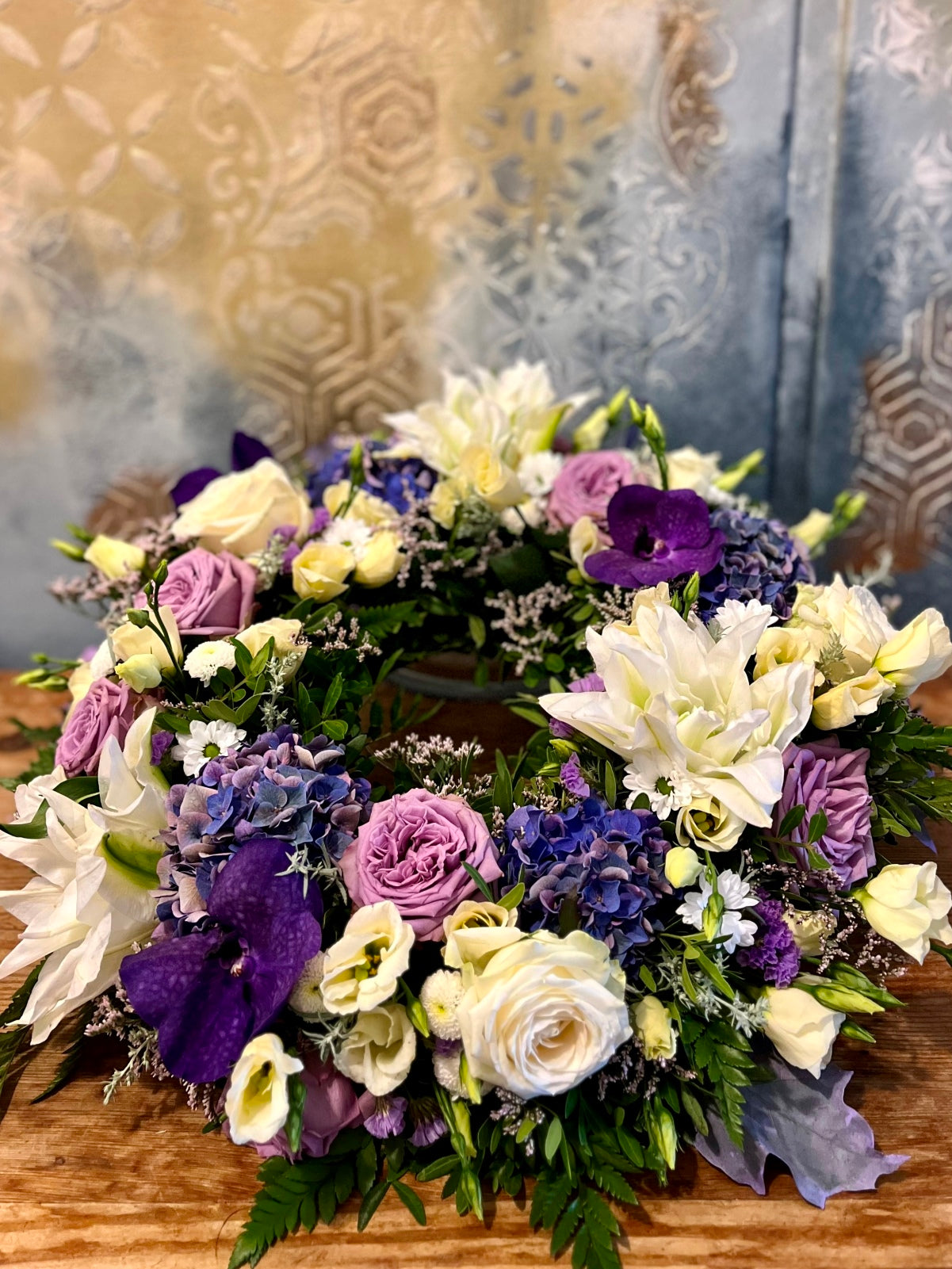 Funeral Wreath in Purples and White