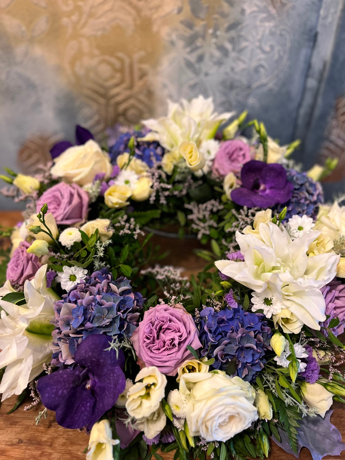 Funeral Wreath in Purples and White detail