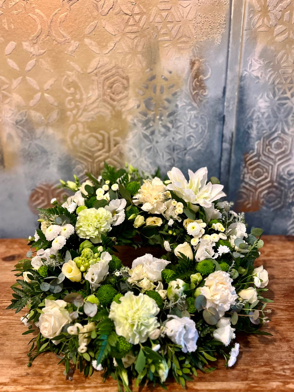 Funeral Wreath in Creams Greens and Whites