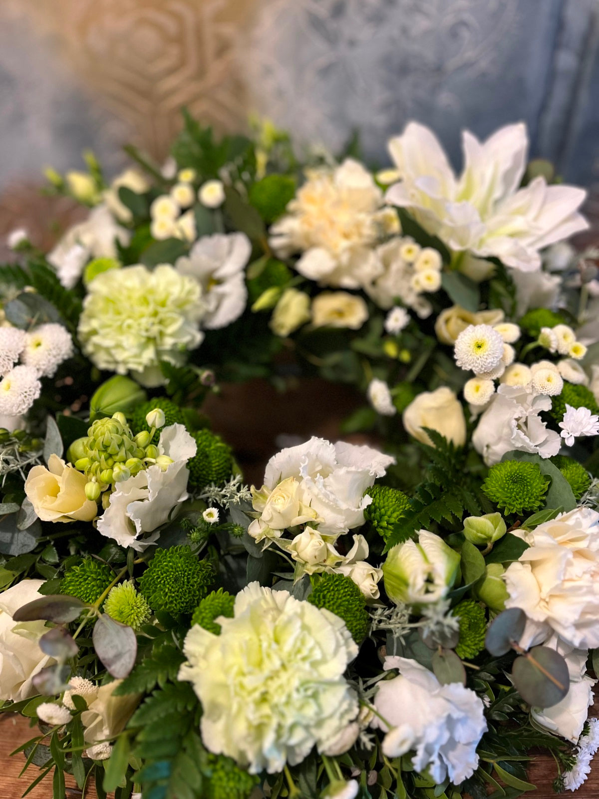 Funeral Wreath in Creams Greens and Whites detail