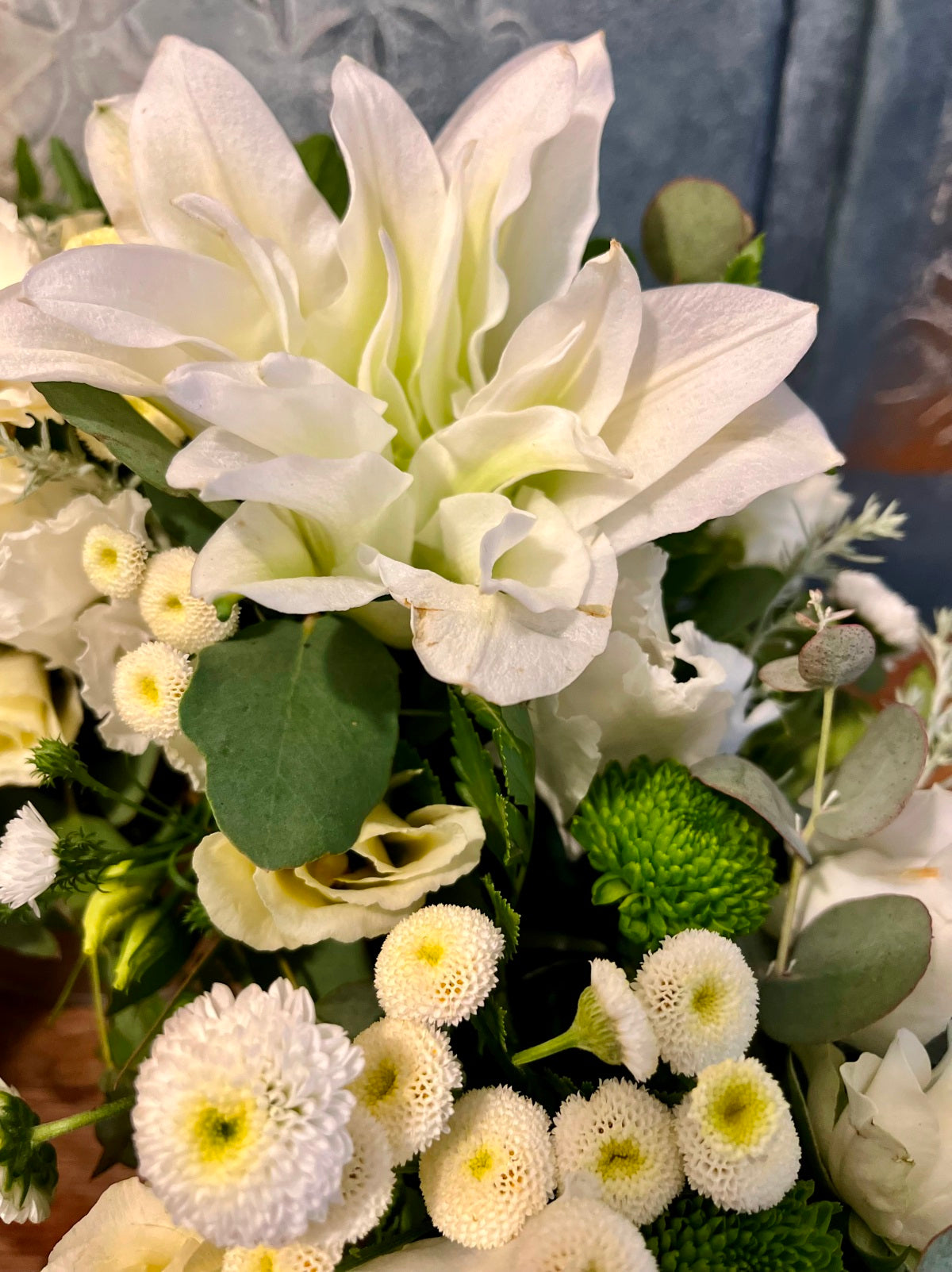 Funeral Wreath in Creams Greens and Whites zoomed in