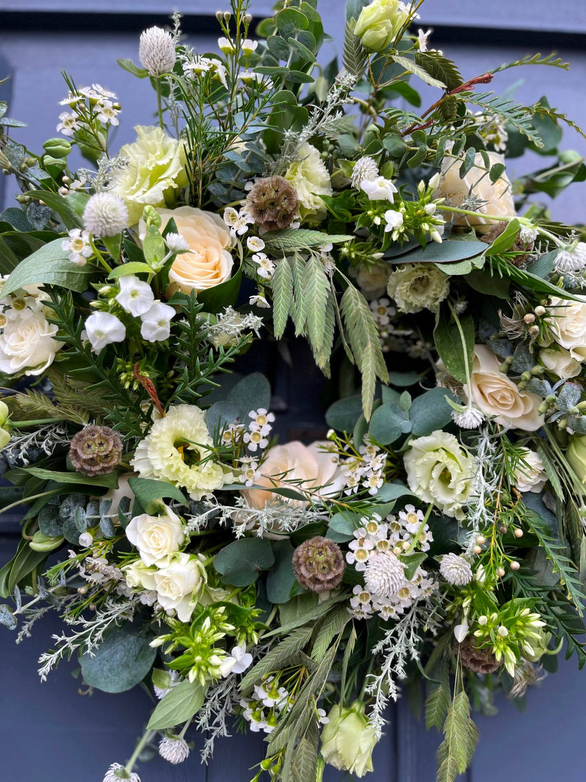 Door Wreath in Creams Greens and White