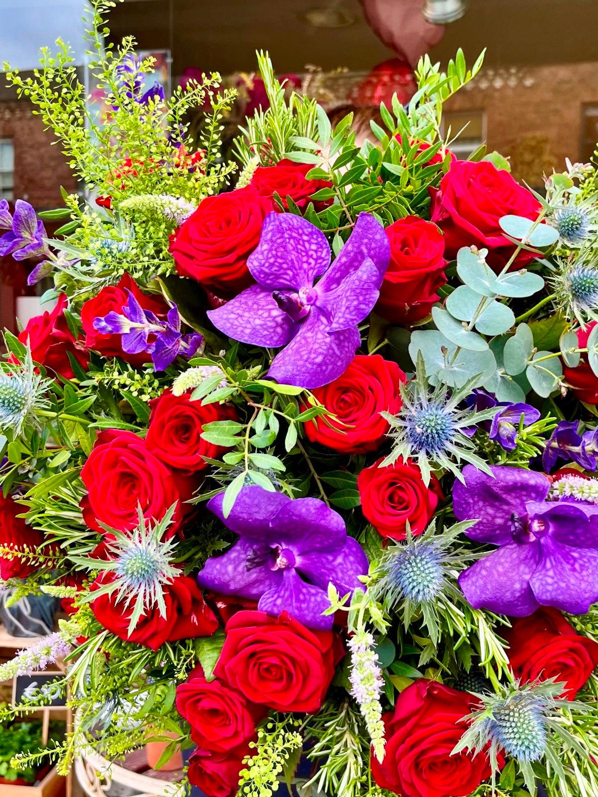Luxury Orchids and Red Roses Bouquet detail