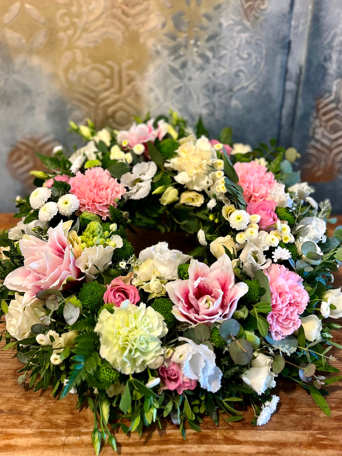 Funeral Wreath in Pink and White detail