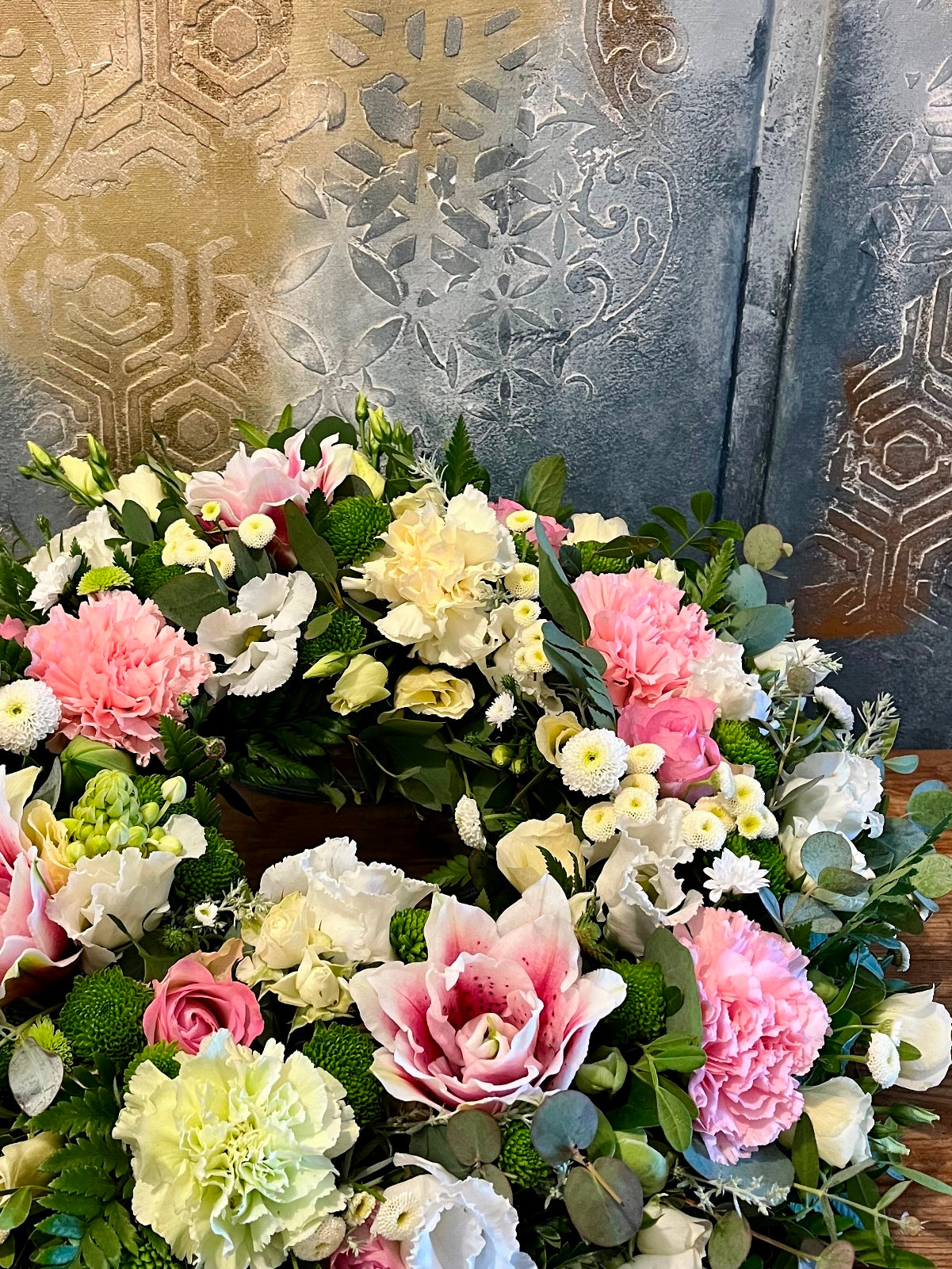Funeral Wreath in Pink and White zoomed in