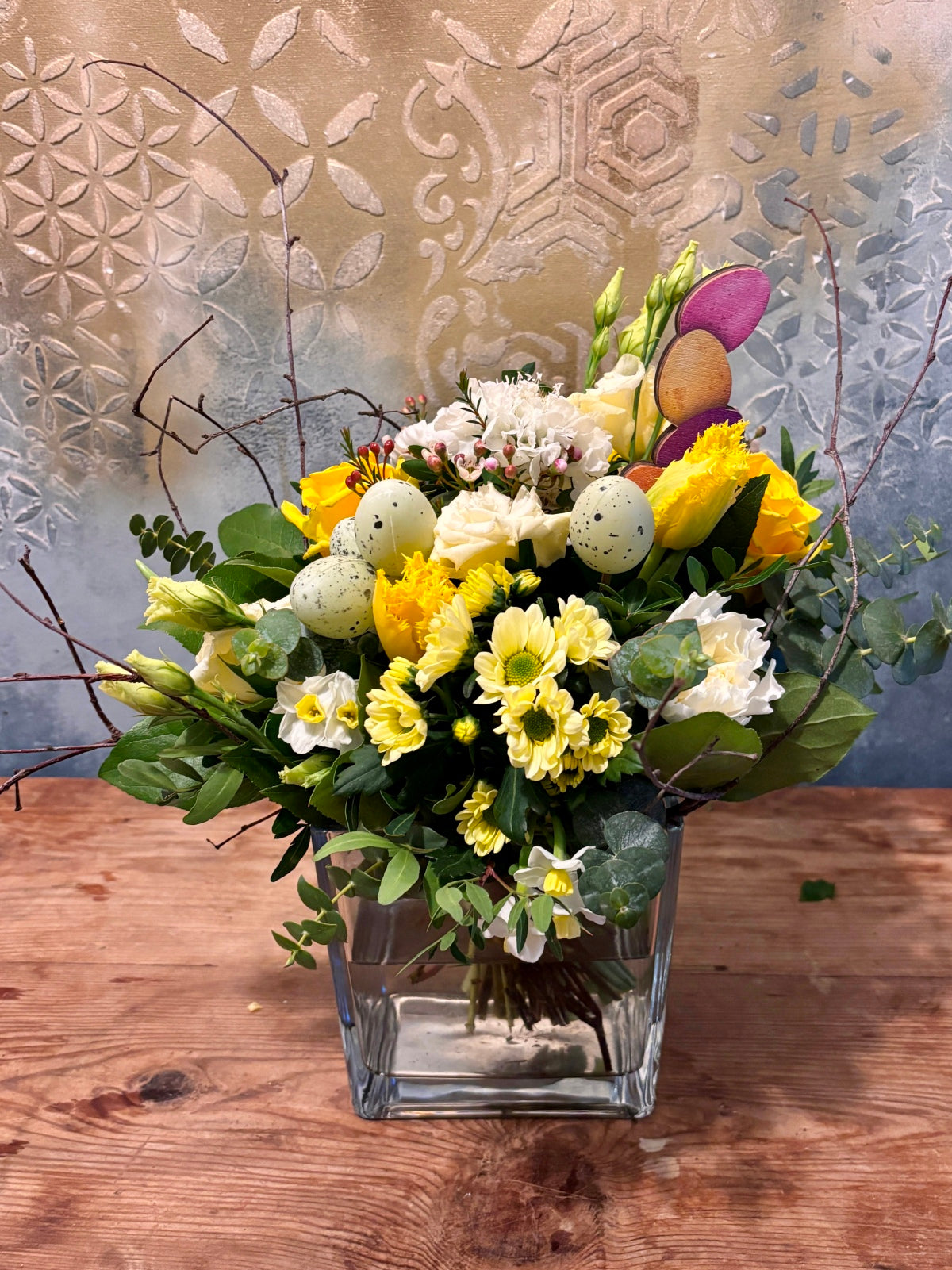 Easter Flower Arrangement in Cube Vase