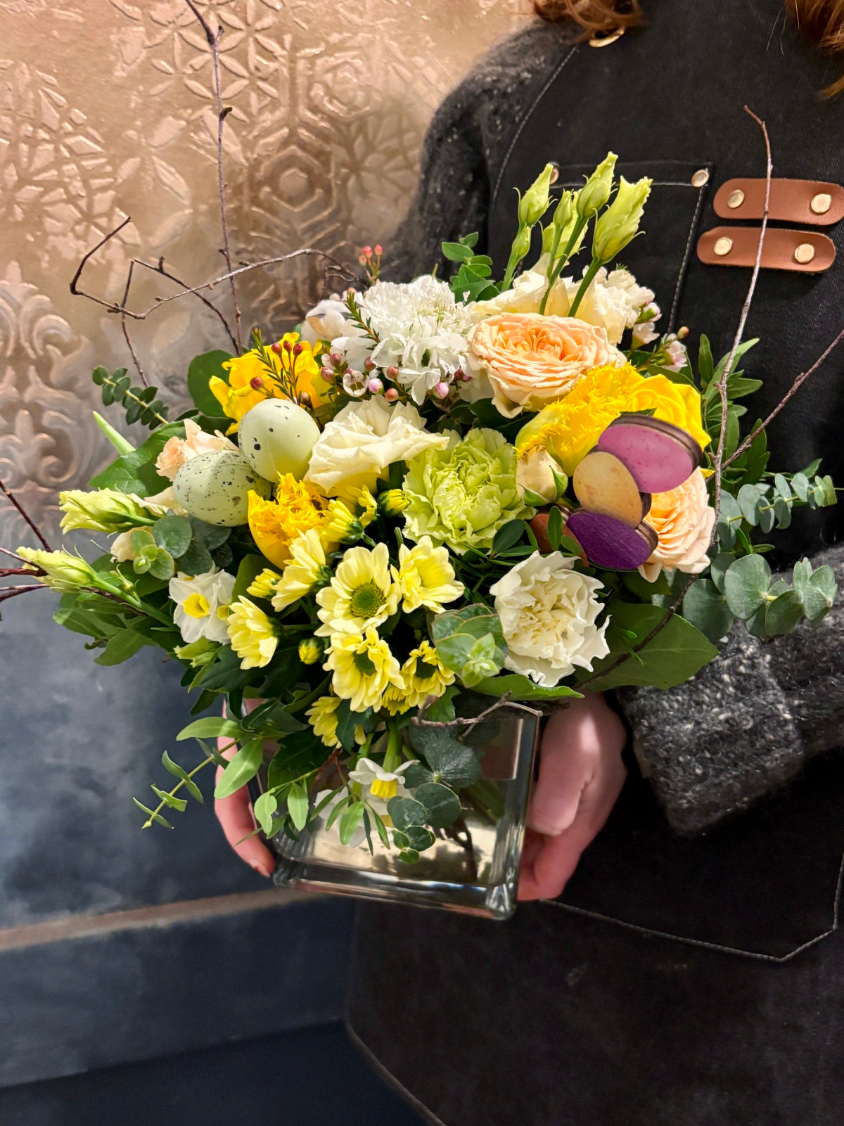 Easter Flower Arrangement in Cube Vase