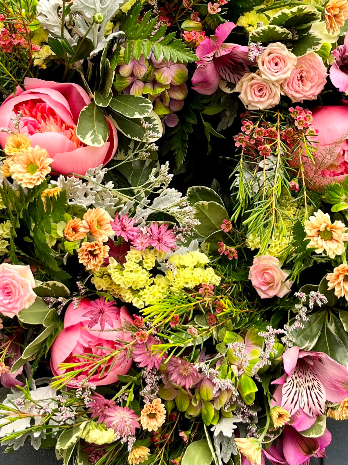 Peony rose door wreath close up
