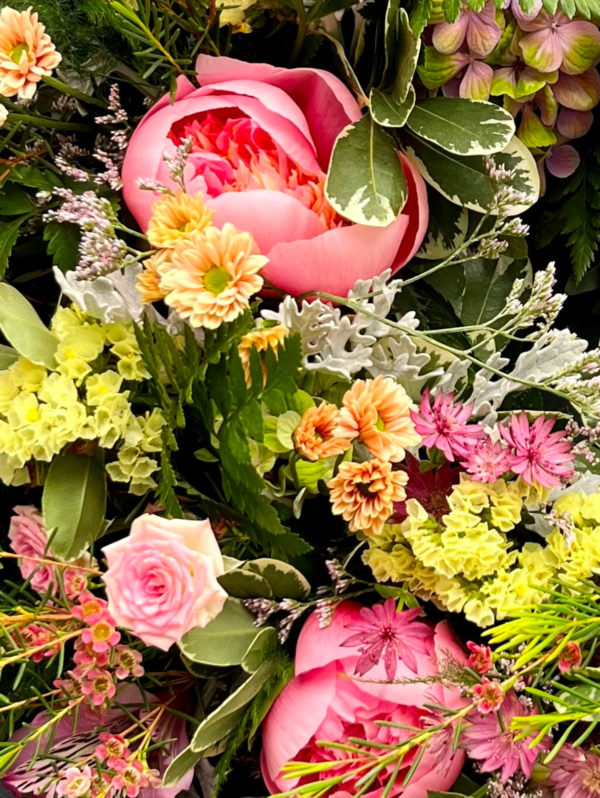Peony rose door wreath zoomed in view