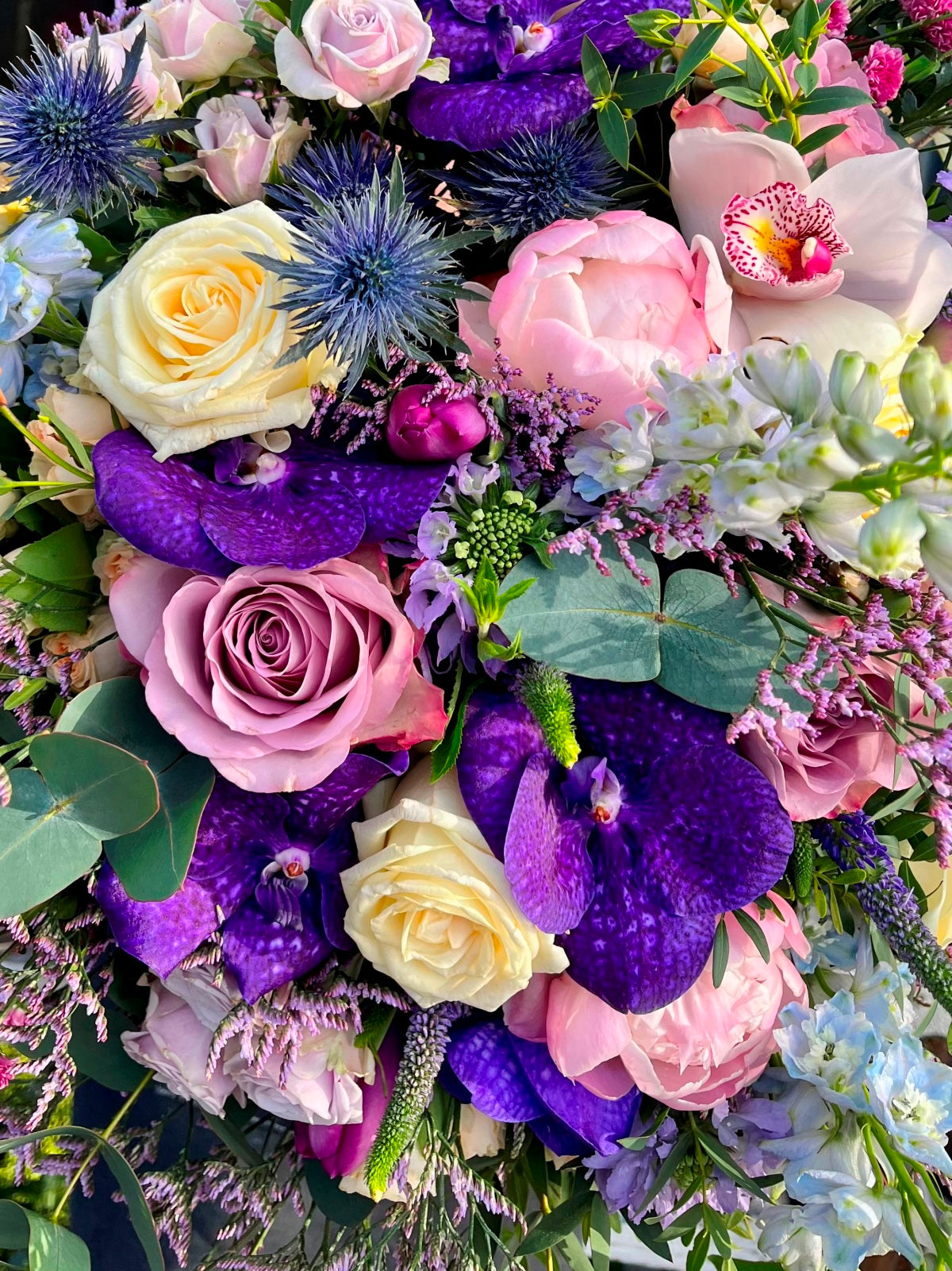 Luxury Bouquet in Purples with Peony Roses close up