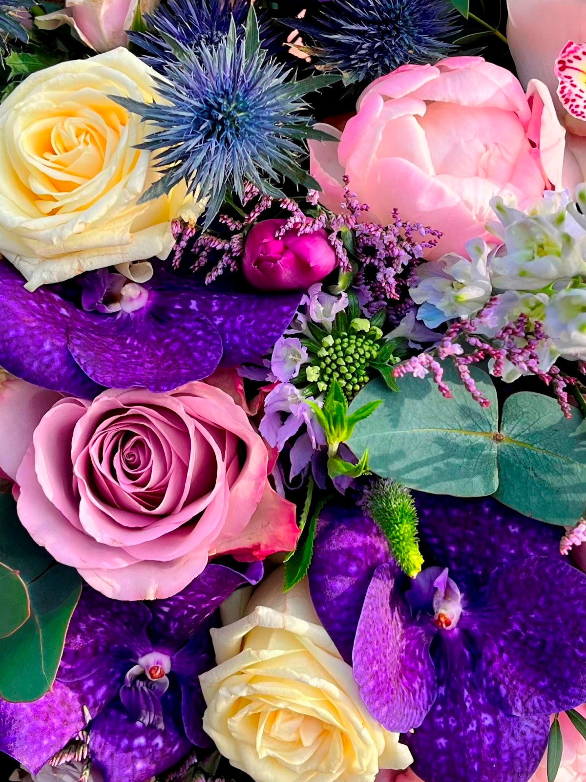 Luxury Bouquet in Purples with Peony Roses zoomed in