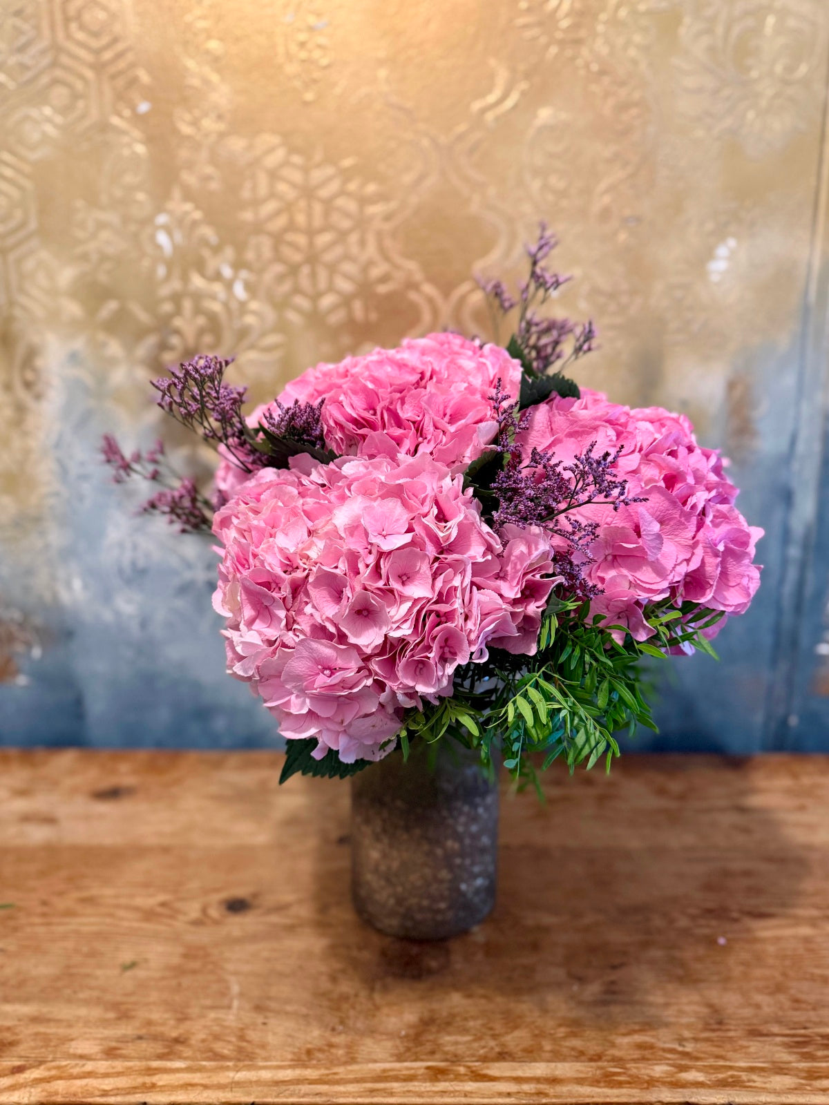 Pink Hydrangea Flowers in Tall Vase