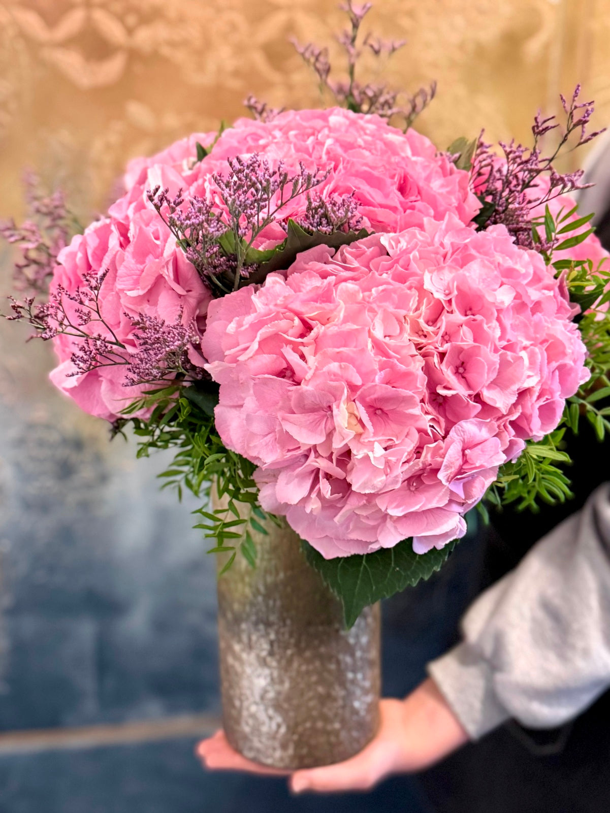 Pink Hydrangea Flowers in Tall Vase Detail