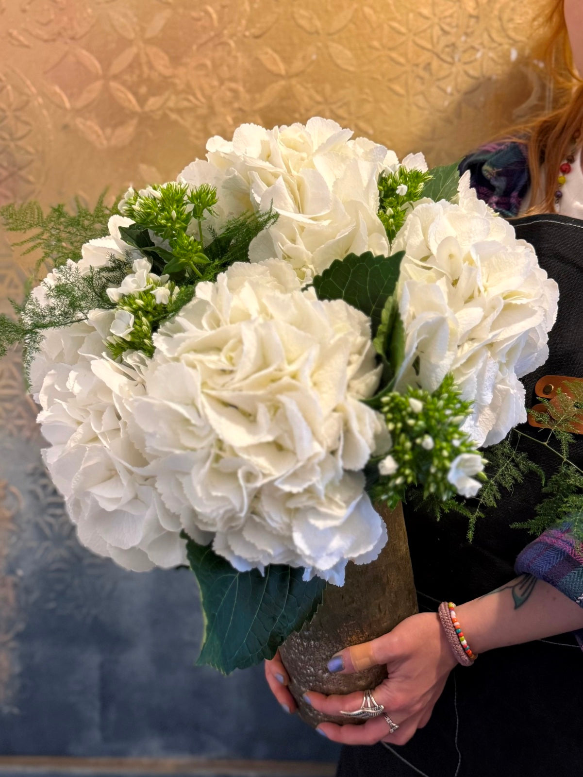 White Hydrangea Flowers in Vase Detail