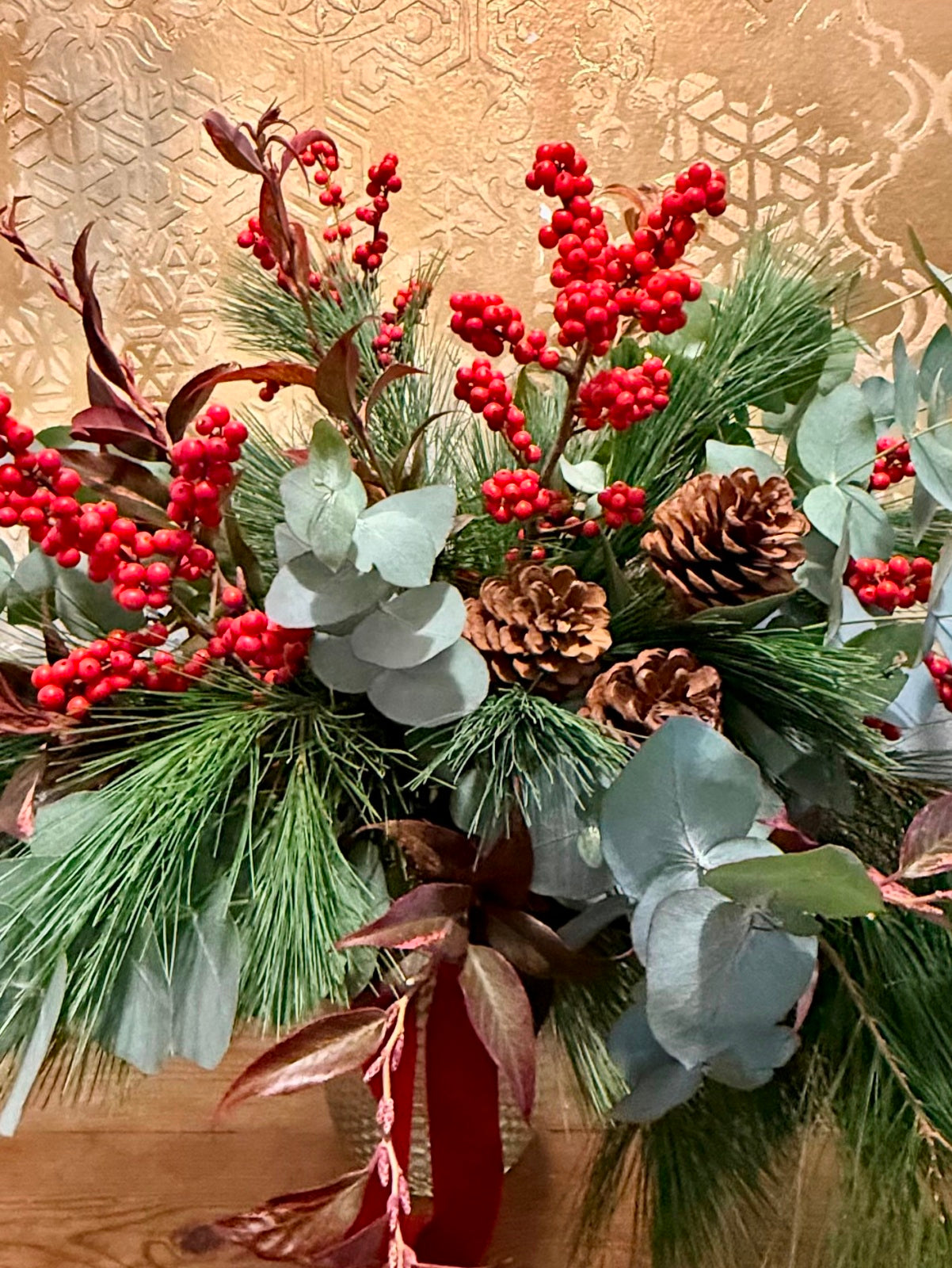 Yuletide Vase of Eucalyptus Fir and Berry
