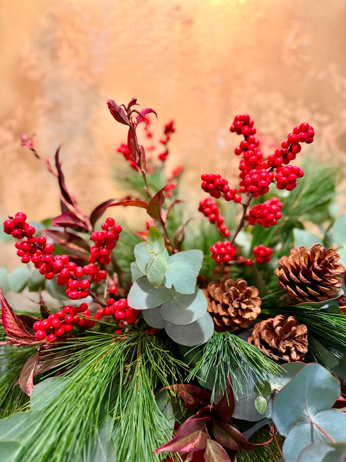 Yuletide Vase of Eucalyptus Fir and Berry
