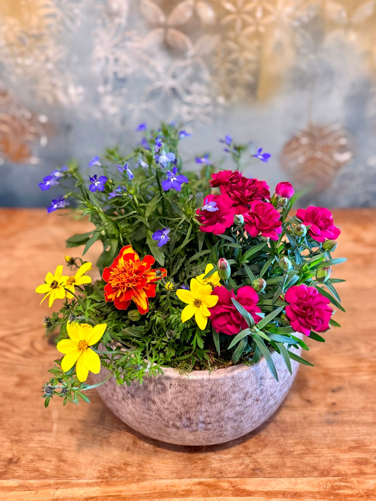 Colourful seasonal flowers planted in a ceramic bowl as a gift