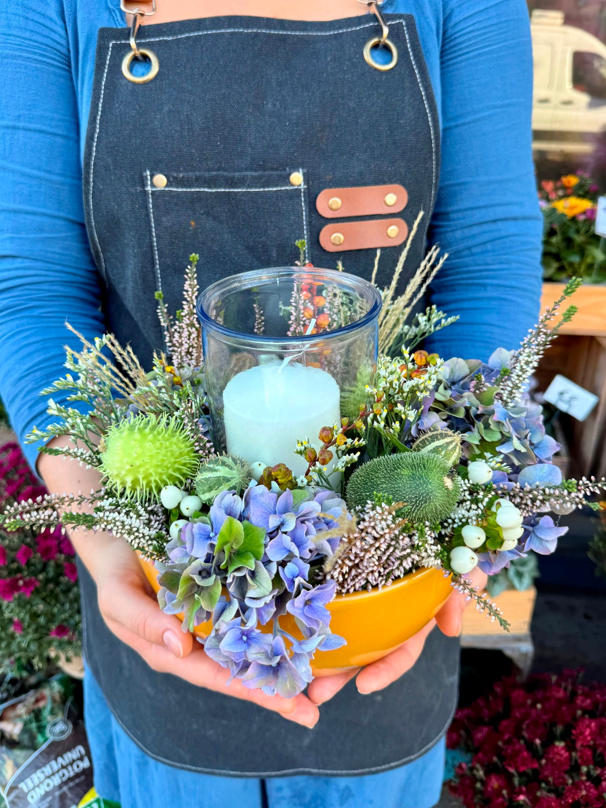 Autumnal Flower Arrangement with Hurricane Lamp