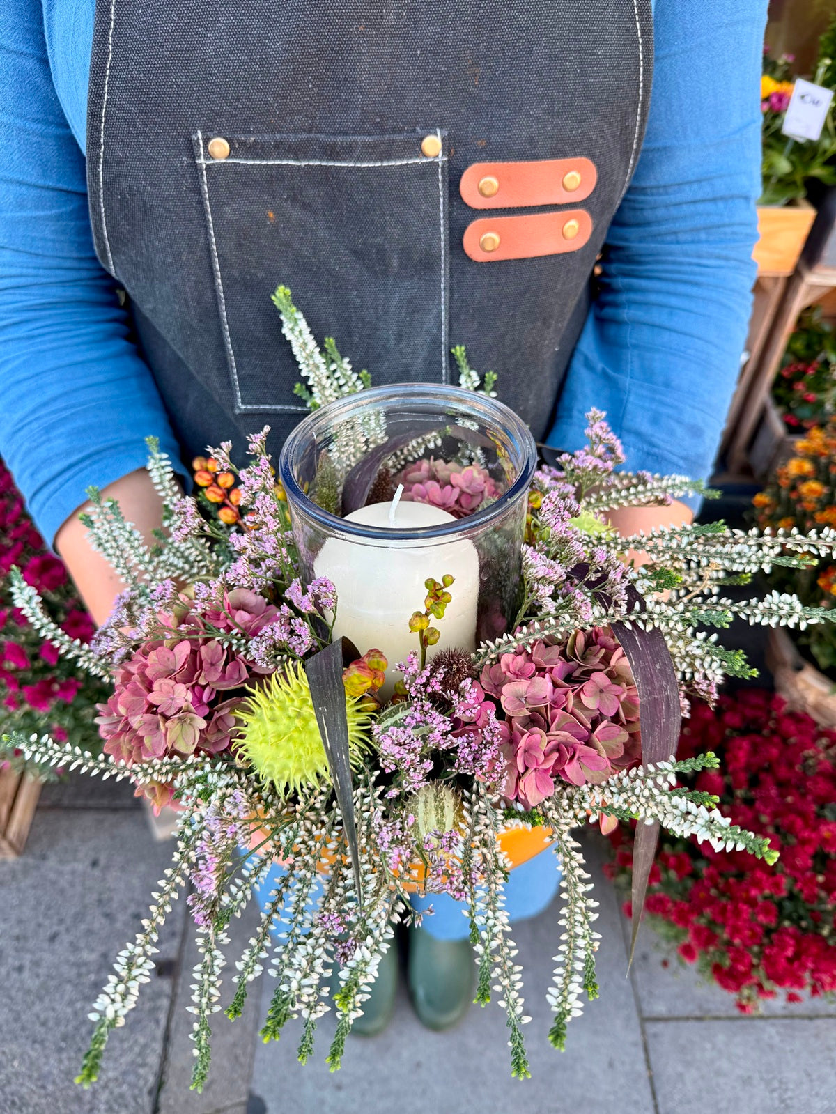 Autumnal Flower Arrangement with Hurricane Lamp Front View