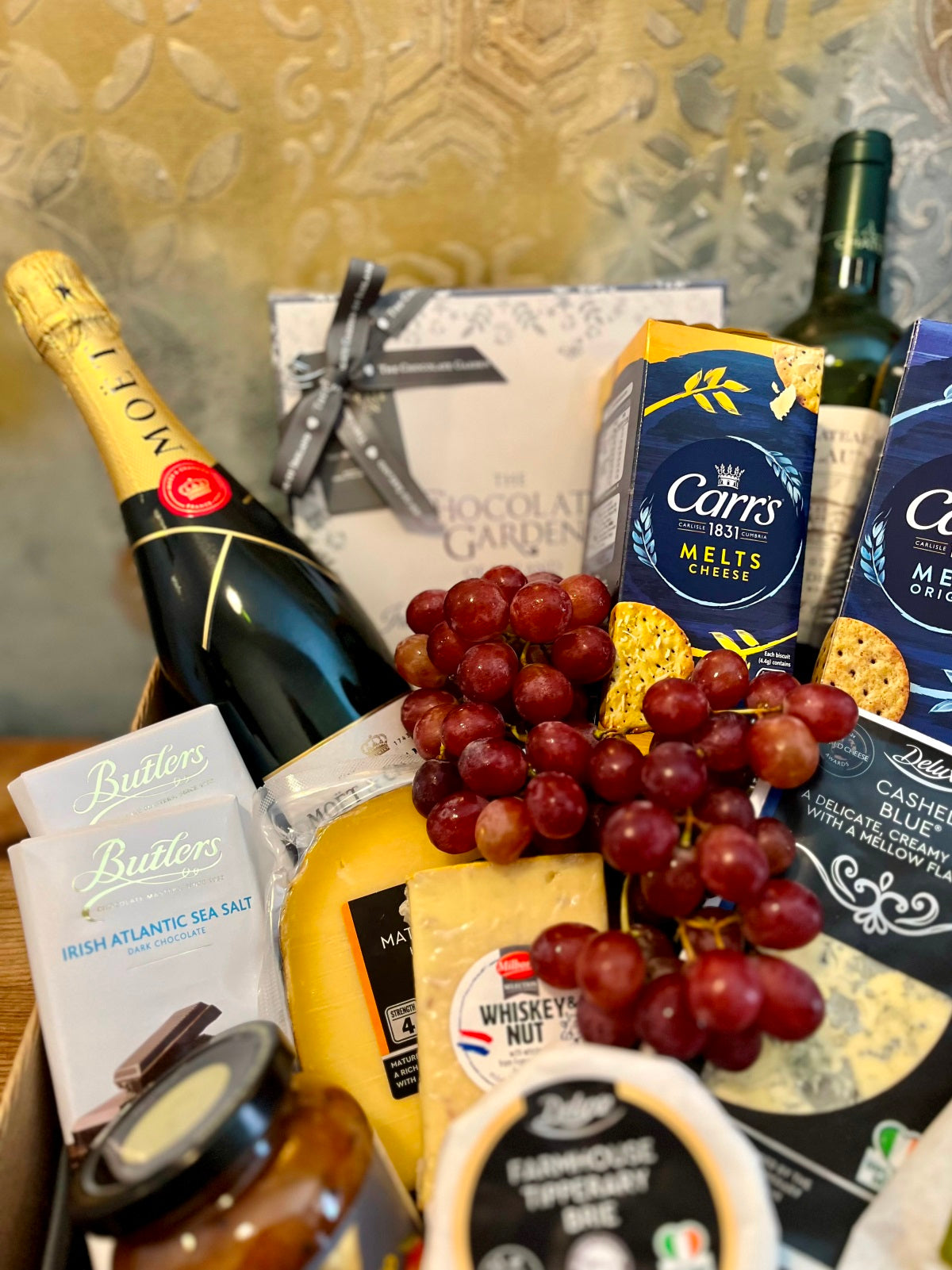 Cheese, Champagne, Wine & Chocolate Hamper close up