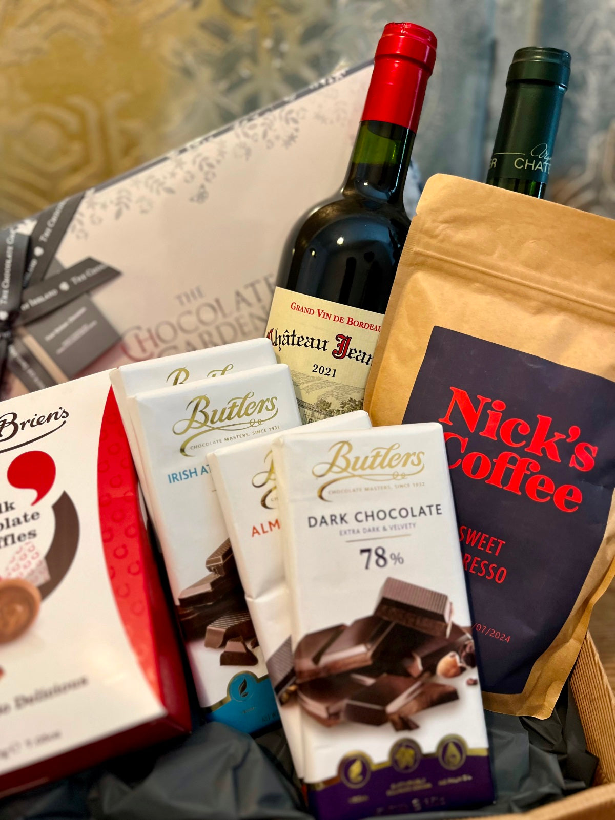 Chocolate Coffee and Wine Gift Hamper close up