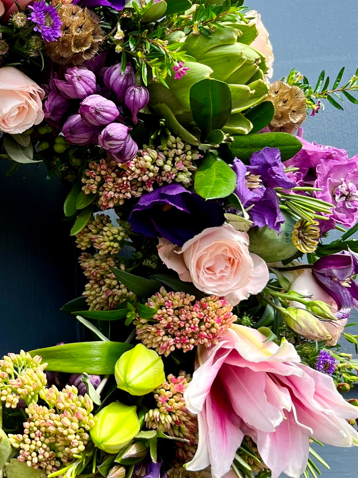 Door Wreath in Pink and Purple zoomed in image