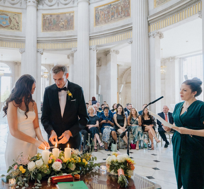 Bridal flower arrangement at Dublin wedding venue in tones of green and white