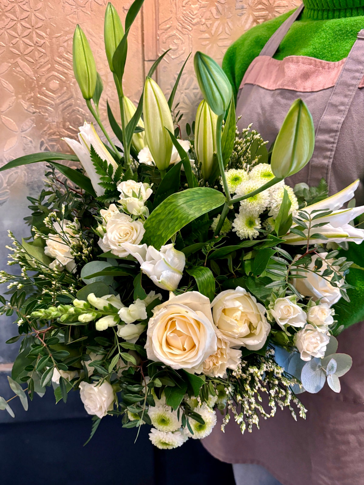 White Lily & Roses Flower Bouquet close up