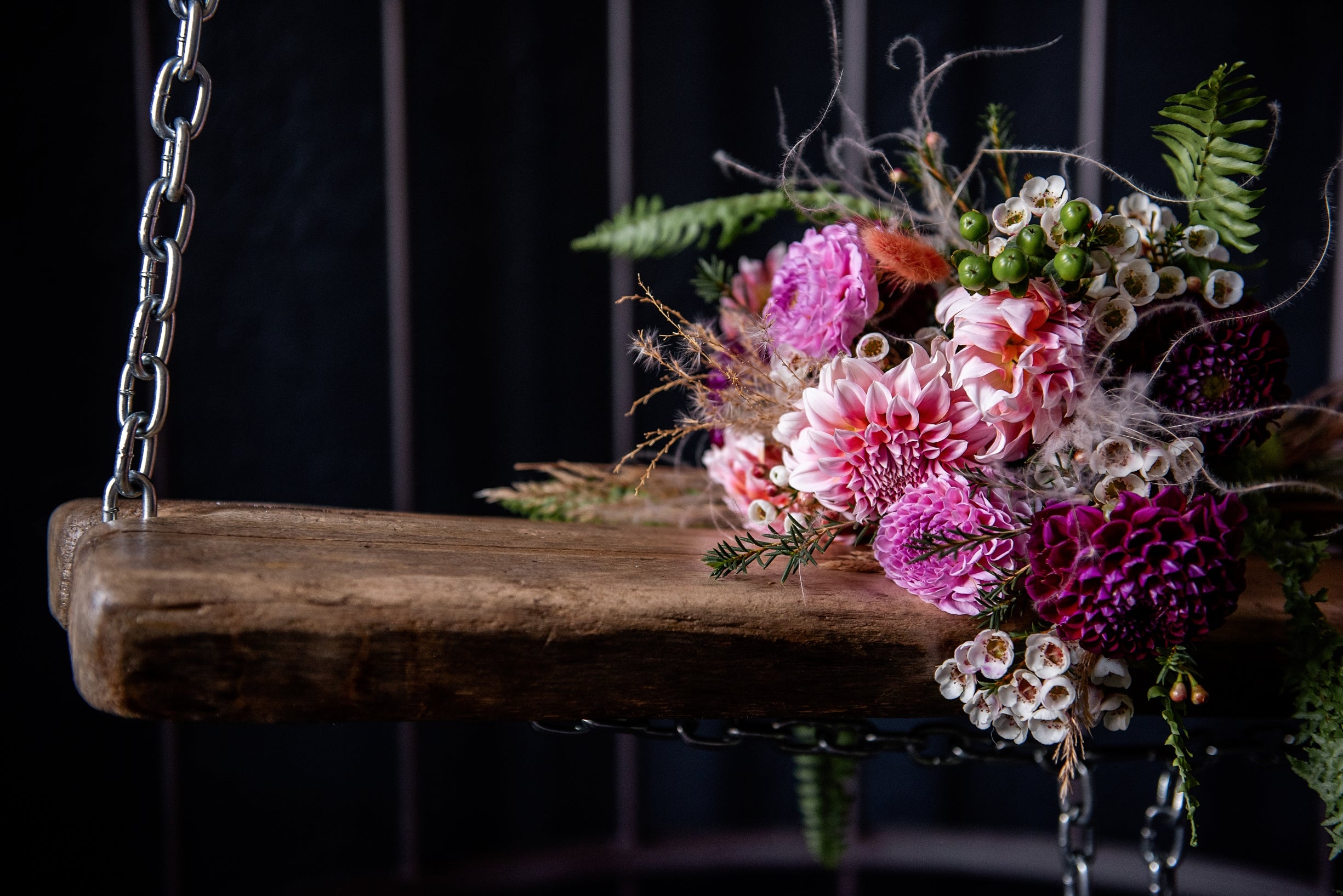 Elegant flower arrangement on a swing
