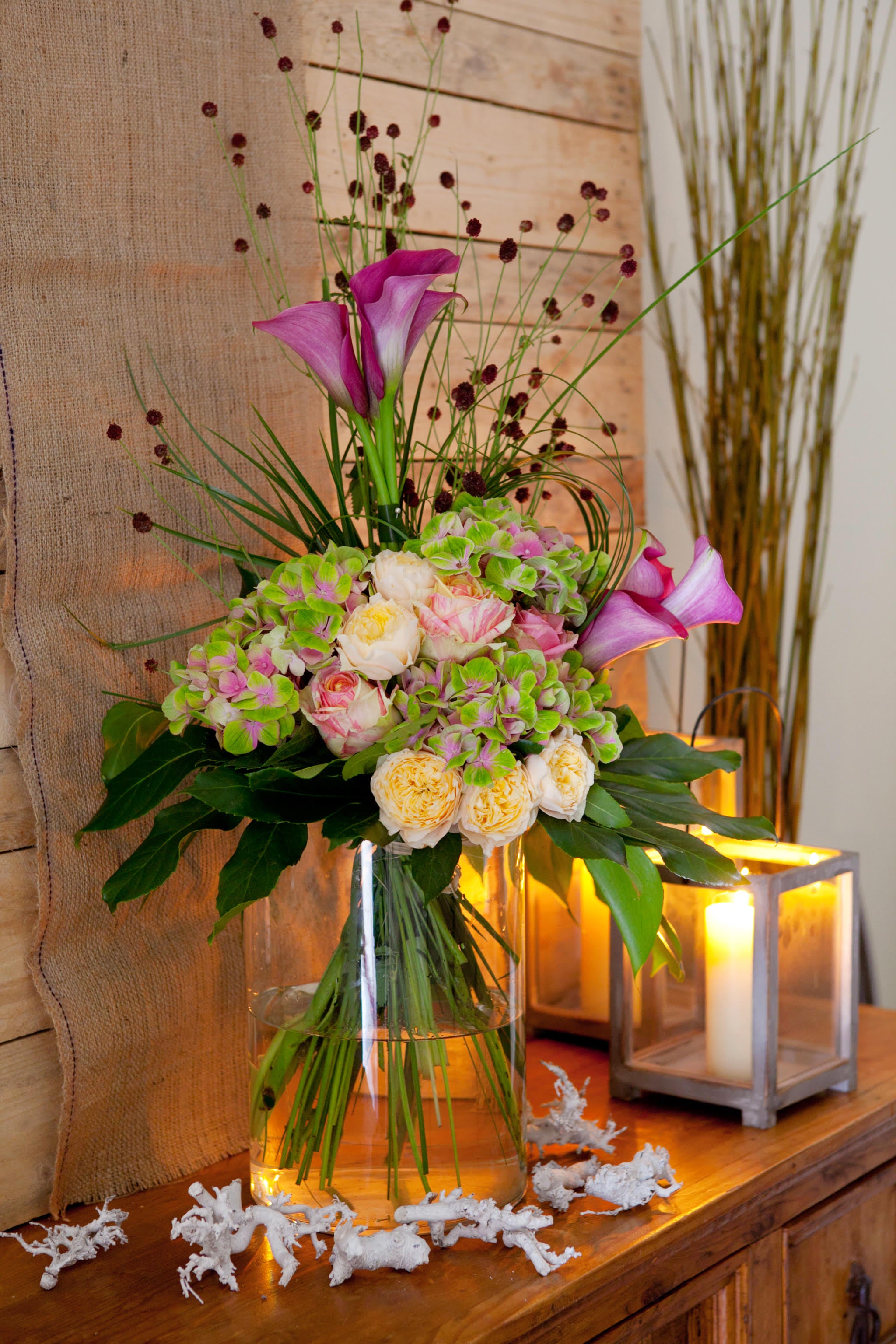 Beautifully wrapped flower bouquet in a vase