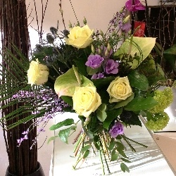 Mothers Day Flower Bouquet of Cream Roses and Purple Lisianthusr 