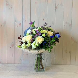 Cream and Blue Flower Bouquet in Vase