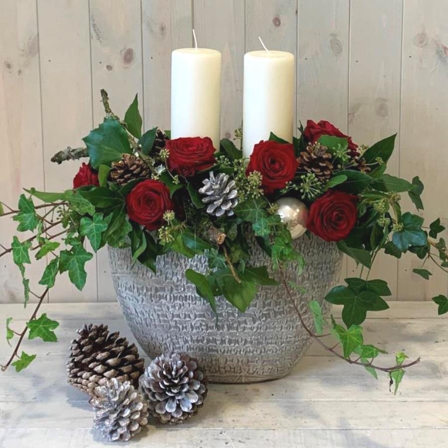 Christmas Candle Flower Arrangement in Reds