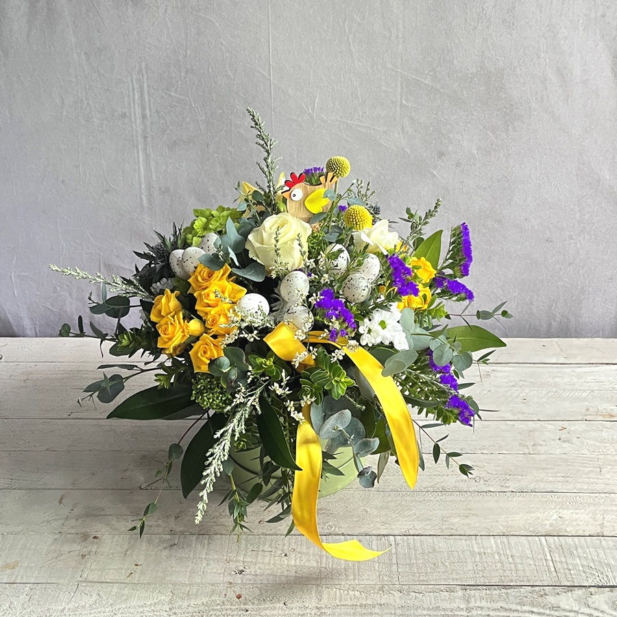 Easter hatbox flower arrangement. Hand crafted flowers and gifts available to order to collect and for delivery in Dublin.