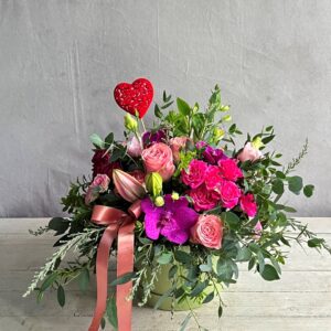Valentines Day themed flowers in a pretty hatbox for delivery in Dublin or to order to collect from our Ranelagh flower shop