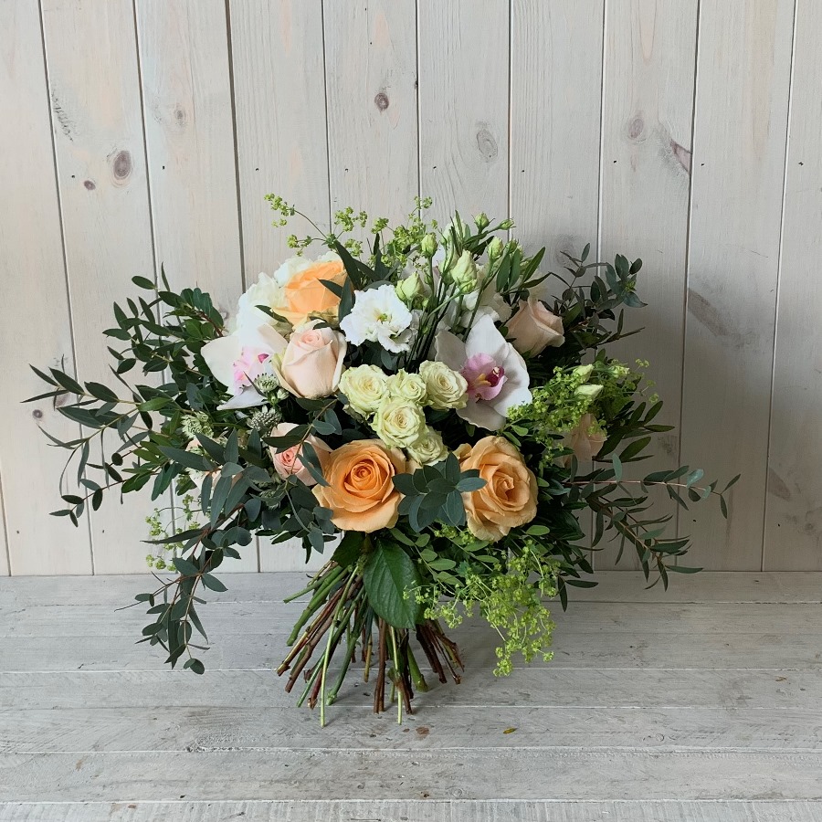 Summer bouquet in peaches and creams designed and delivered in Dublin