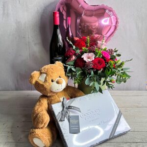 Valentines gift set including flowers, Prosecco chocolates, teddy and a balloon for delivery in Dublin. a