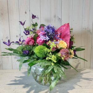 Luxury flowers delivered in Dublin - this gorgeous hand tied flower bouquet in goldfish bowl vase for gift delivery in Dublinf